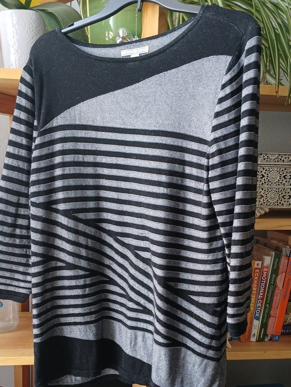 Dana Buchman Black & Gray Striped Scoop-Neck Sweater